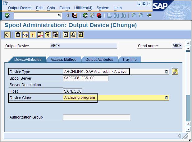 5. On the DeviceAttributes page of the Spool Administration: Output Device (Change) window, select ARCHLINK: SAP ArchiveLink Archiver from the Device Type list. 6.