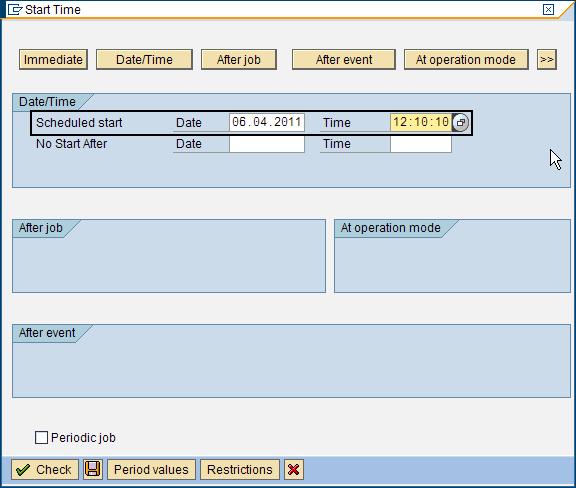 Figure 100. Start Time window containing a sample schedule You are returned to the Define Background Job window, which shows the specified schedule under Job start. 7. Click the Step icon. 8.