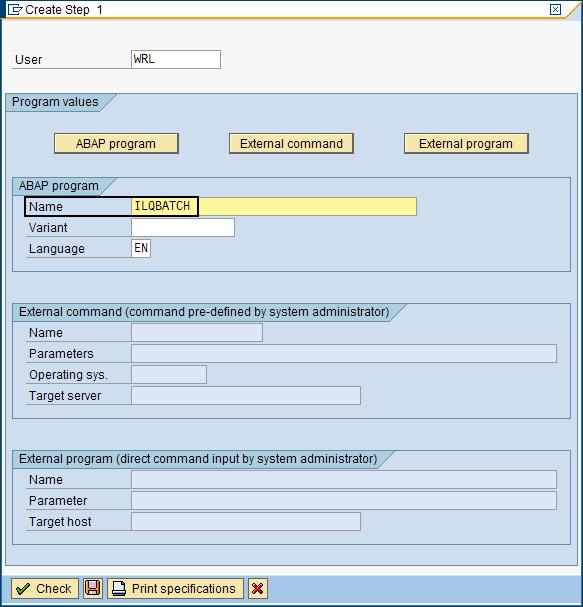 Figure 101. Create Step 1 window containing the sample ABAP program name ILQBATCH 10. Click the Save icon at the bottom of the window. The Step List Overview window opens.