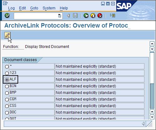 Figure 105. ArchiveLink Protocols: Overview of Protocol window showing which radio button and which icon to click 5.