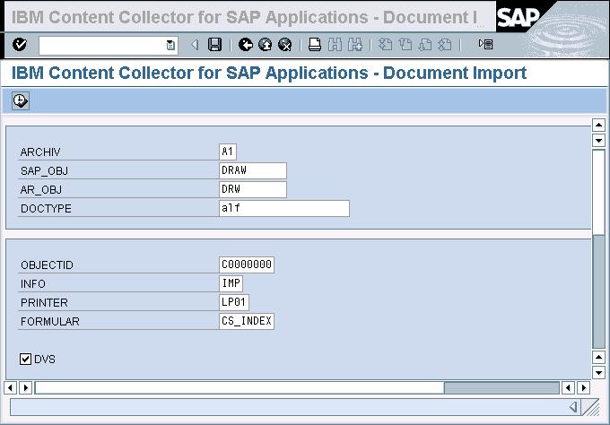 Figure 129. IBM Content Collector for SAP Applications - Document Import window showing the sample settings and the default settings 9.10.