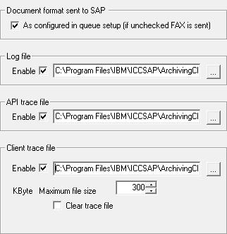 4. Select the Clear trace file check box if you want to delete the existing trace each time you start Archiving Client.
