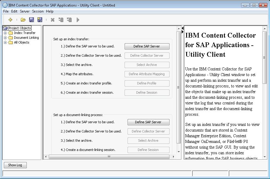 Figure 48. IBM Content Collector for SAP Applications - Utility Client window after the client is started for the first time 6.