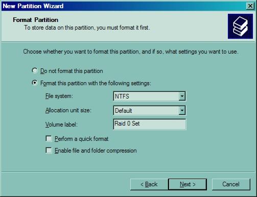 6. The next window allows the volume label to be set and selection of the type of formatting to take place upon the creation of the partition.