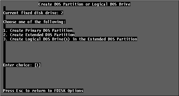The Current Fixed Drive typically will be the System Drive (C:). In order to create partitions, the fixed drive needs to be changed. Select 5 and press Enter.