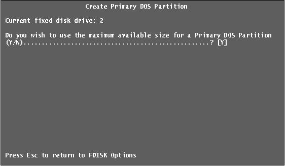 Press Enter to select Create Primary DOS Partition. FDISK will scan the drive and the following window will appear. Press Enter to confirm use of the entire drive capacity for the partition.
