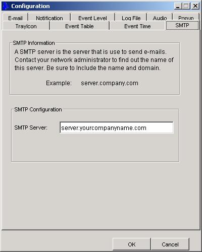 The SMTP tab allows the server name to be set for all SATARaid email-related functions. These include sending of configuration files and automatic notification.