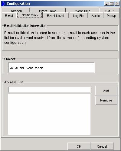 Select the e-mail tab in the SATARaid Configuration Menu and enter the default e-mail address and subject line for the party receiving the