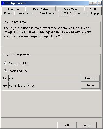 The log file is used to store event information received from all Silicon Image RAID drivers.