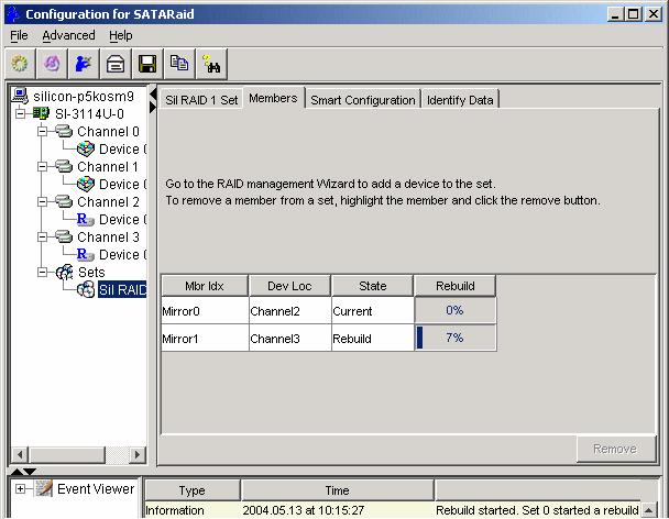 5. Return to the SATARaid Main Window. In the Devices window, select the RAID Set to which you have added the device.