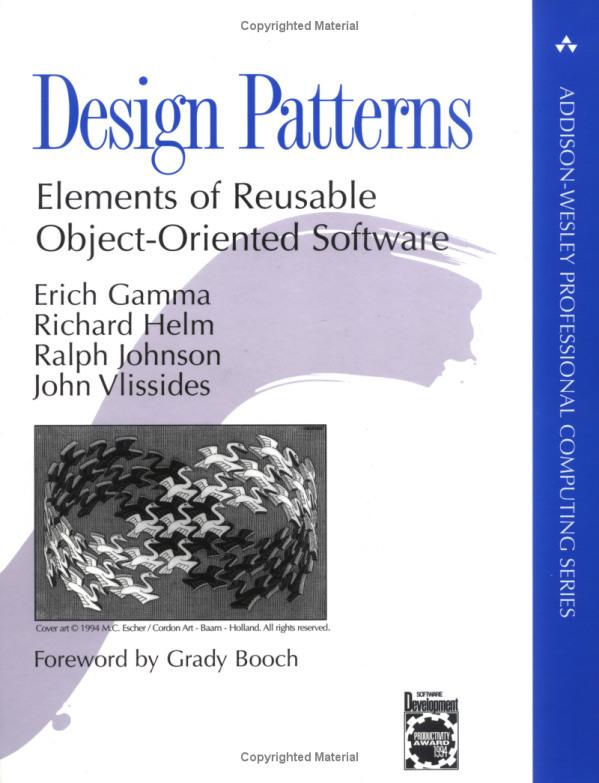 מקורו ת המושג נעשה פופולרי בעקבות הספר שמכונה GoF המכיל דוגמאות קוד ב ++C Design Patterns: Elements of Reusable Object-Oriented Software By Erich Gamma, Richard Helm, Ralph Johnson, John