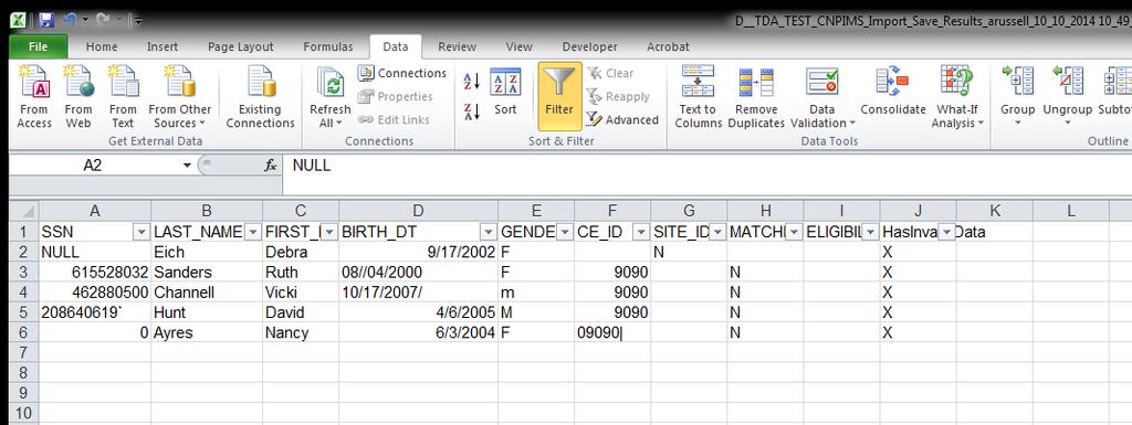 Format CE ID 13. Delete columns G throug J and the header row (row 1). 14. Save as a CSV file and upload into the Direct Certification module.