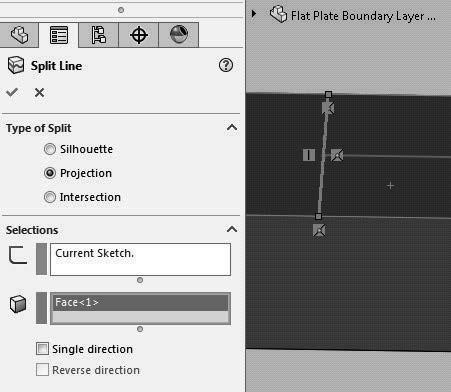 Select Split Line for Sketch to Project under Selections. For Faces to Split, select the surface where you have drawn your split line, see figure 2.