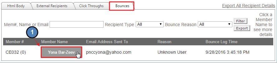 Click on the member name in order to receive a detailed reason for the Bounce.