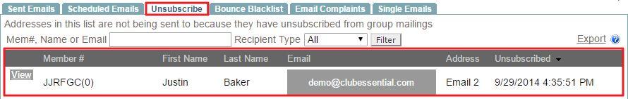 This will list the member number, name, email, and when the member unsubscribed; along with when the member unsubscribed.