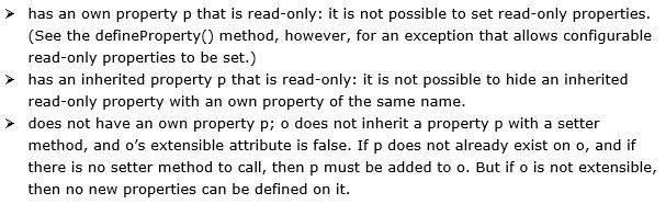 9.3 GETTING AND SETTING PROPERTIES 140 Setting a property on null or undefined also causes a TypeError: Other attempts may also fail, for example a read-only property But no error is thrown,