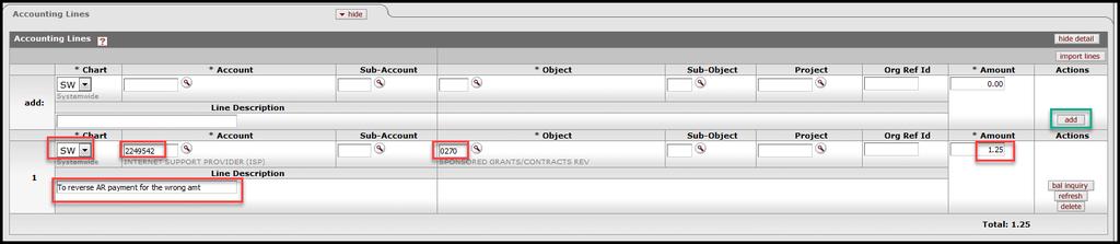 Accounting Lines tab Form the original INV, enter the Chart, Account number, and Object code.