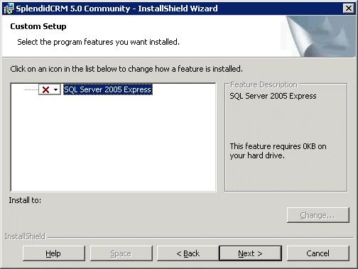 On the Custom Setup page, you may opt to disable the install of SQL Server Express, and click Next.