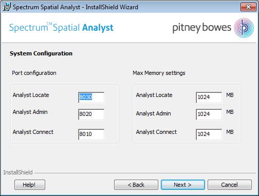 14. Specify the Port configuration and Max memory settings. The default values for Analyst Locate, Analyst Admin and Analyst Connect are provided.