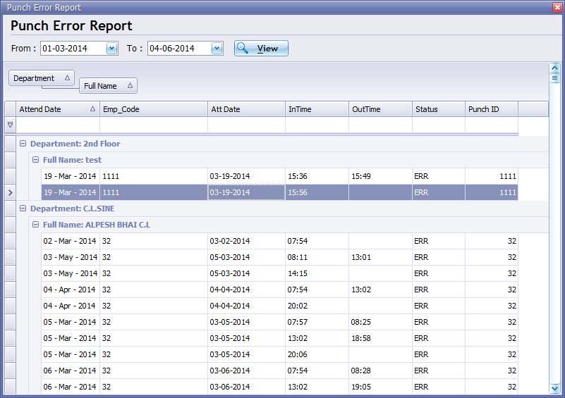3.3 Error Case Report By selecting date you will get all employee s list with error punch.