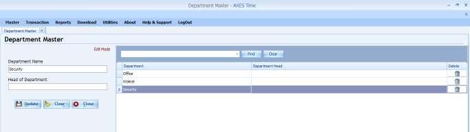 1.2 Department Master Save all available Departments in Department Master. To add new Department Click on Clear and Then Fill Name and Head of Department information and then click on Save.