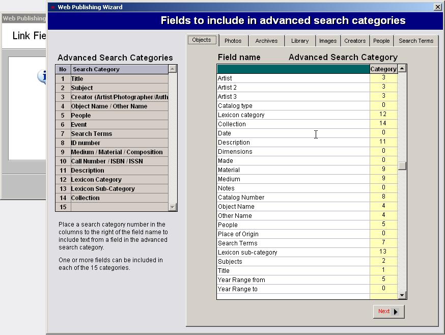 PastPerfect-Online 11 Place a search category number 1-15 in the right column to include the text from that field in the advanced search. You can link more than one PastPerfect field to each category.