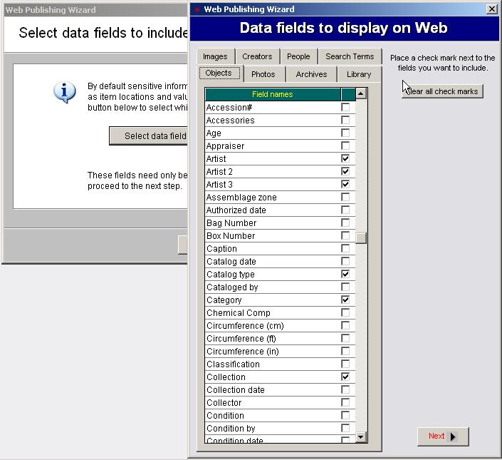 8 PastPerfect Museum Software User s Guide Figure 6 Select data fields to Include Use the tabs to select