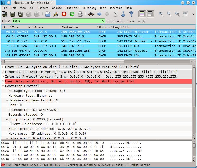 A Wireshark capture of a DHCP transaction.