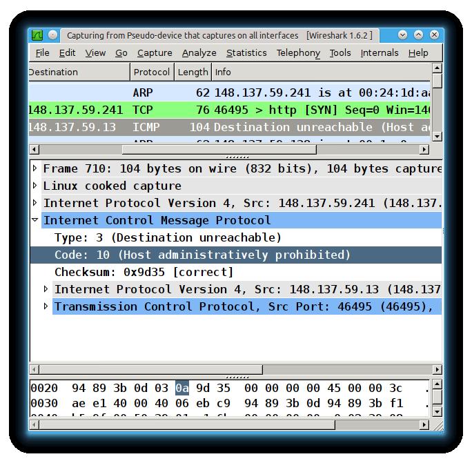 ICMP packet reporting an error In this Wireshark session a machine has requested a TCP connection. by sending a SYN packet.