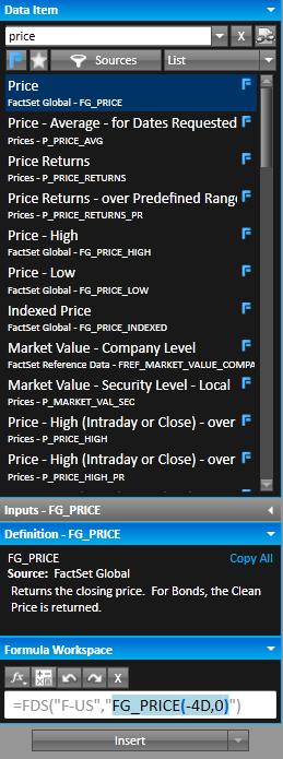 Use the Factset Sidebar to generate FDS codes for time series data. Much like the earlier function specify the identifier and data item that you wish to pull.