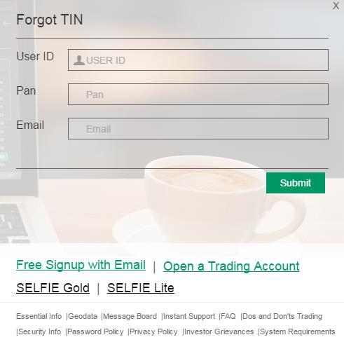 3.8 FORGOT TIN A SELFIE user can click on the Forgot TIN link on the login screen to reset his TIN. Figure 10: Forgot TIN 3.