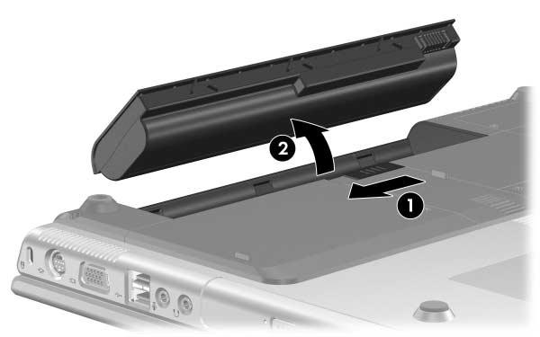 Removal and Replacement Procedures b. Slide and hold the battery release latch 1 to the left. (The front edge of the battery pack disengages from the notebook.) c.