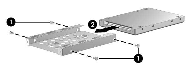 Removal and Replacement Procedures 7. Remove the 4 Phillips PM2.5 4.0 screws 1 that secure the hard drive frame to the hard drive. 8.