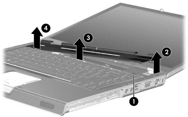 Removal and Replacement Procedures 4. Turn the notebook right-side up with the front toward you. 5. Open the notebook as far as possible. 6. Press and hold down the insert key 1. 7.