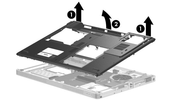 Removal and Replacement Procedures 7. Lift the left and right rear corners 1 of the base enclosure until the rear edge of the base enclosure disengages from the notebook. 8.