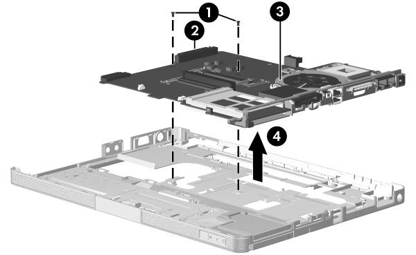 Removal and Replacement Procedures 23. Turn the top cover upside down with the front toward you. 24. Remove the 2 Phillips PM2.5 7.0 screws 1 that secure the system board to the top cover. 25.