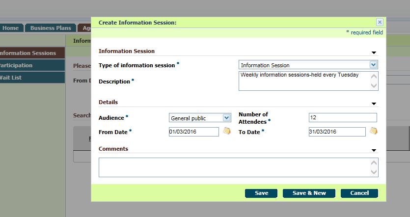 16. The following screen will appear. You are now ready to enter your Information Sessions (if applicable).