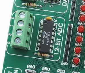 Voltage to be converted is brought to the A/D converter input pins which converts it into a 12-bit number.