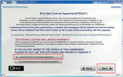 3. After reading the End User License Agreement, check the button I accept the terms in the license agreement. and then select Next. 4.