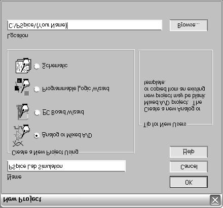New Project Window Select a project name PSpice Lab Simulation Select a project location C:\PSpice\{YourName} Select what type of project Analog or Mixed A/D Click OK This is the new window that you