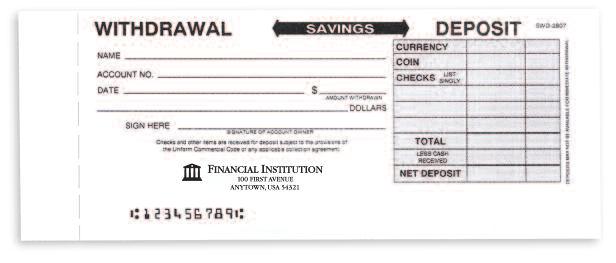 Counter Combination Savings Withdrawal/Deposit Slips SDW-1 Color & White MICR Bond Combines