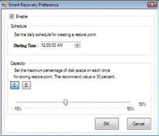The Smart Recovery Preference dialog box: Button Function Enable (Note 2) Enables automatic daily backup Schedule Sets a daily backup schedule Capacity Sets the percentage of hard drive space used
