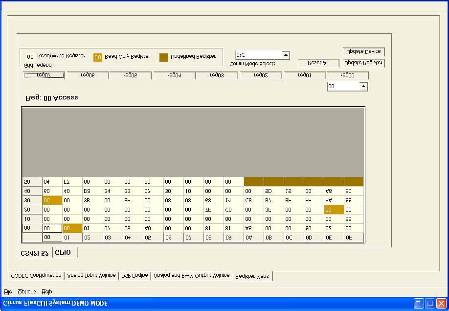 4.5 Register Maps Tab The Advanced Register Debug tab provides low-level control of the CS42L52 individual register settings. Register values can be modified bit-wise or byte-wise.