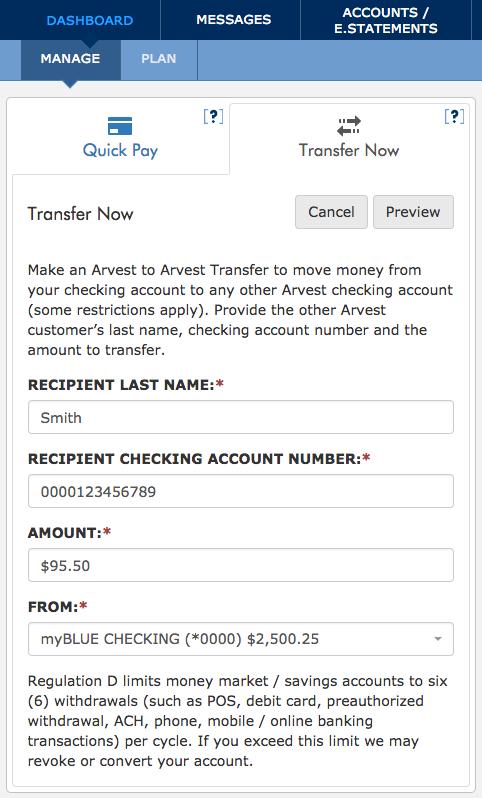Select ANOTHER ARVEST CHECKING ACCOUNT (Arvest to