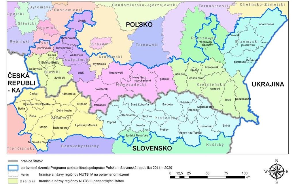 Obrázok 1 Oprávnené územie Programu cezhraničnej spolupráce Poľsko Slovenská republika 2014 2020 pri zohľadnení regiónov NUTS [Zdroj: Vlastné spracovanie na základe údajov štatistických úradov,