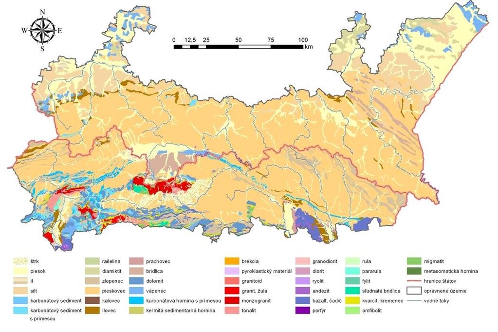 Obrázok 10 Povrchové geologické útvary v oblasti podpory PPS PL-SK 2014-2020 [Zdroj: Vlastné spracovanie na základe dát z http://portal.onegeology.