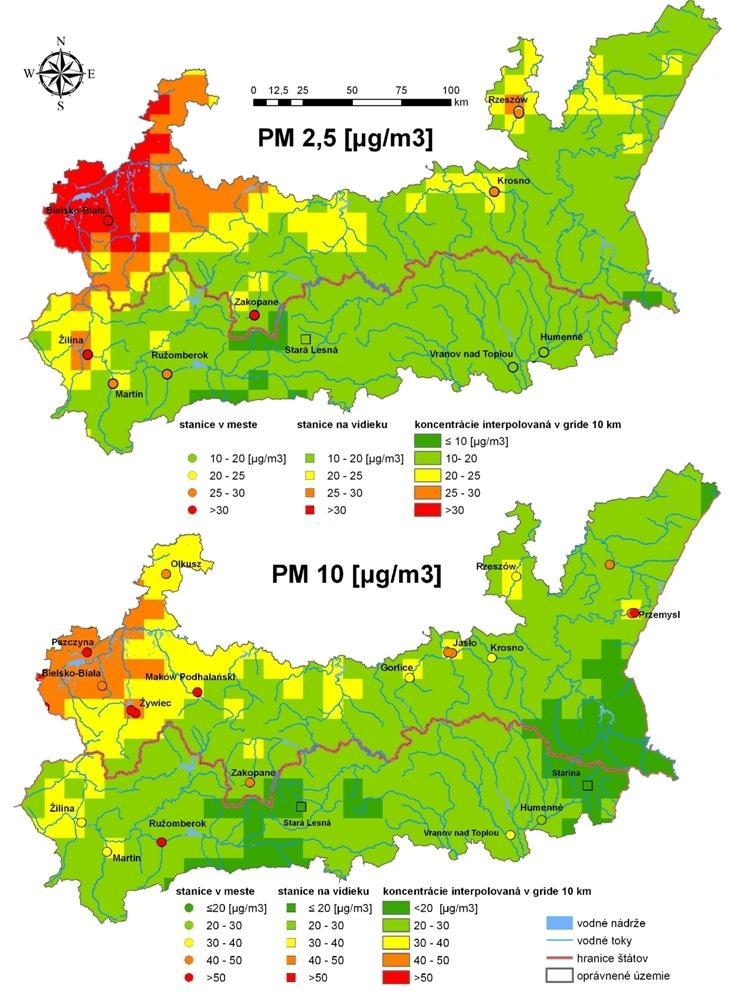 Obrázok 12 Priemerné ročné koncentrácie prachu PM2,5 a PM10 v roku 2010 na oblasti podpory PPS PL-SK 2014-2020 [Zdroj:
