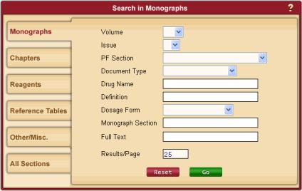 The Advanced Search window displays. 2. Select a search category from the tabs aligned on the left side of the window. The Monograph tab is displayed initially, by default. 3.