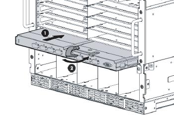 . Install the x DDR IB switch module into the appropriate double-wide bay and close the release lever as shown by callouts and in Figure -7. Figure -7 Install the x DDR IB Switch Module.