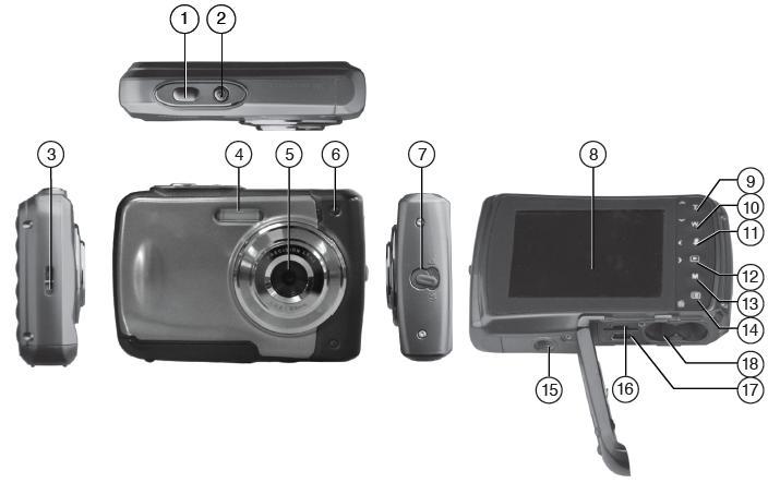 Parts of the Camera 1. Shutter / OK Button 10. Down / Zoom Out Button 2. Power Button 11. Left / Flash Button 3. Wrist Strap Connector 12. Right / Playback Button 4. Flash 13. MODE Button 5.